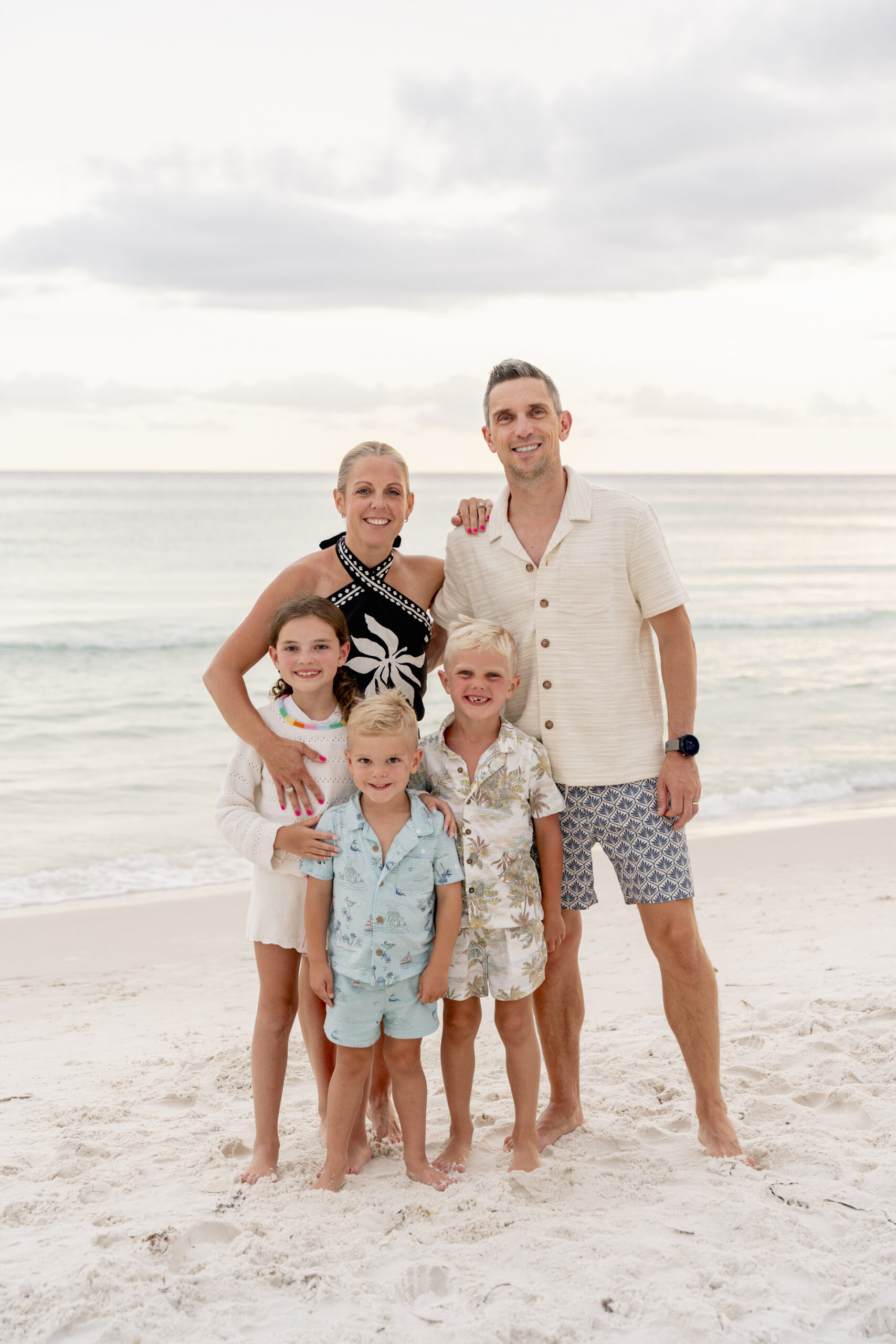 Family of five holding hands and walking barefoot along the sandy shore of Inlet Beach with gentle waves behind them.